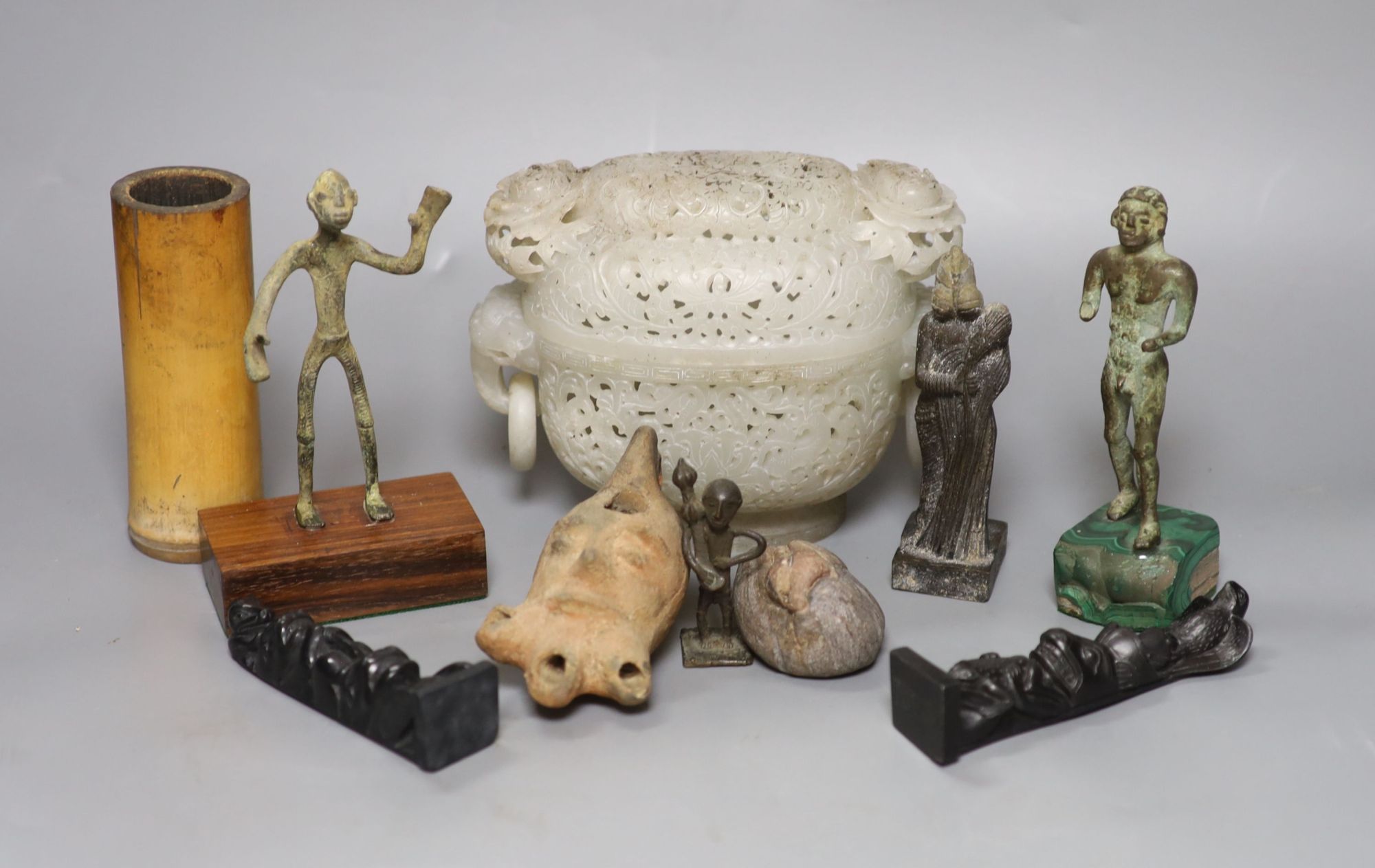 A Chinese jade censer and cover and various sculptures